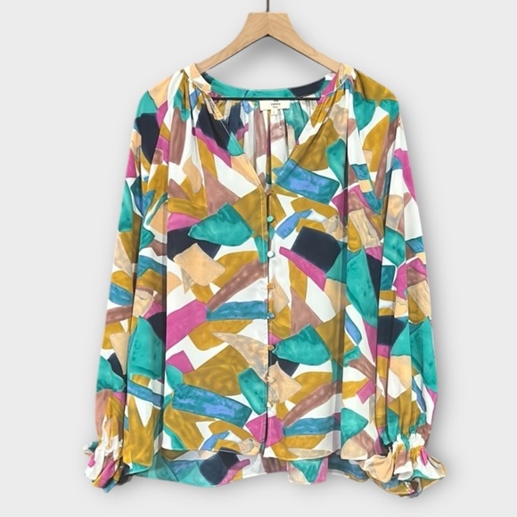 Entro Abstract Pattern Long Sleeve Button Front Loose Fit Ruffle Top Size Large - Picture 6 of 14